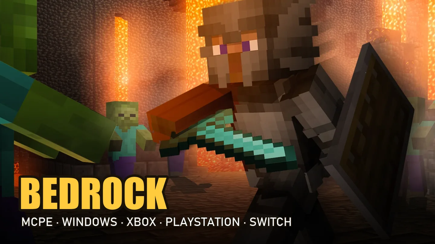 A SunRealms Dungeons knight fighting zombies, with a Bedrock badge