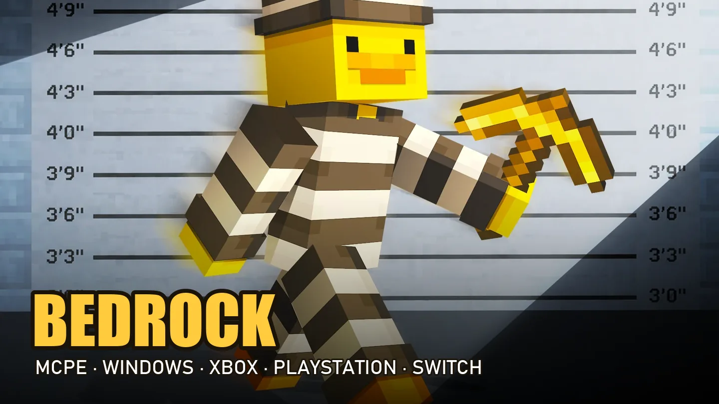 A SunRealms Prison inmate with a gold pickaxe, with a Bedrock badge