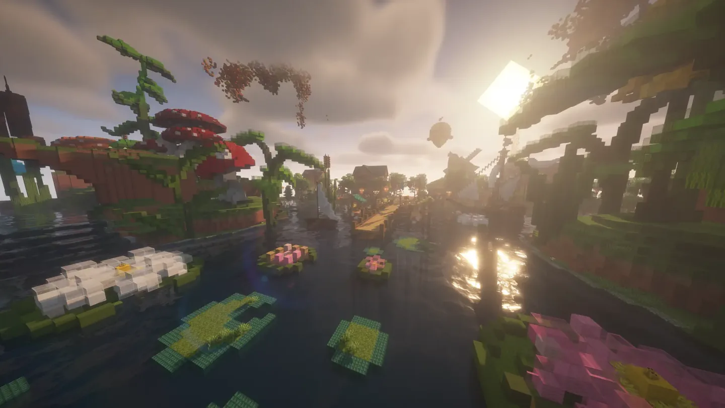 A SunRealms landscape with islands, gardens and a river