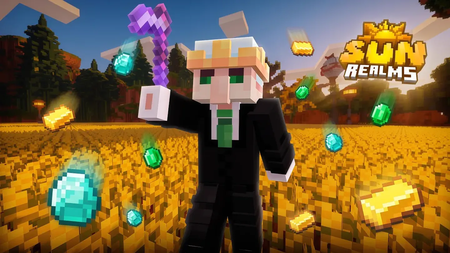The SunRealms logo next to a player surrounded by gems